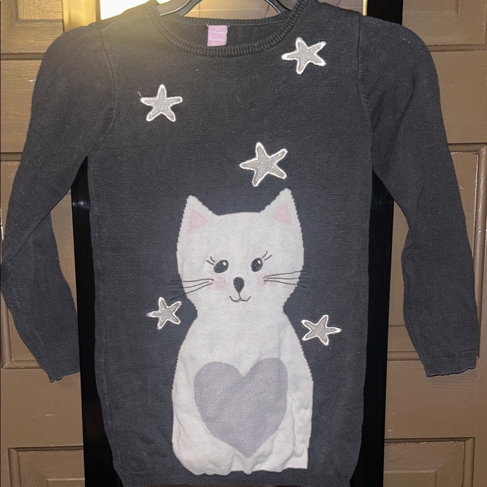 dopodopo girls; Gray Cat Design Kids Sweater; size 7-8 years